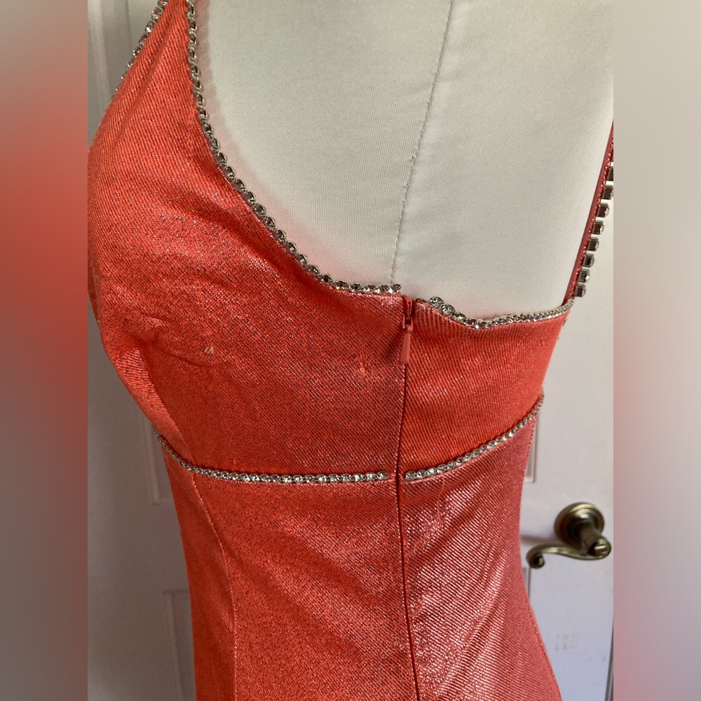 AREA Mini Dress in Crystals Embellished Trim & Metallic Coral - Picture 11 of 16
